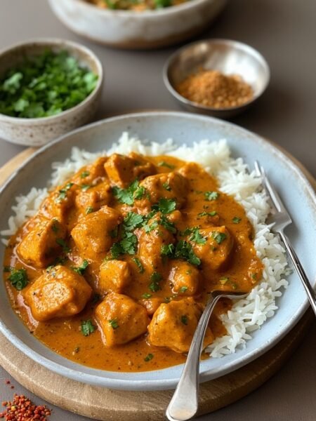 chicken tikka masala recipe over a bed of white rice