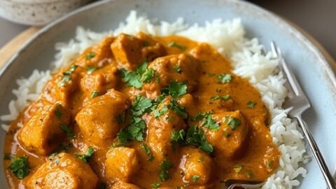 chicken tikka masala recipe over a bed of white rice