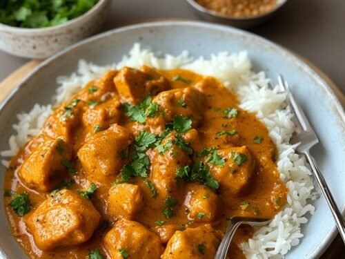 chicken tikka masala recipe over a bed of white rice