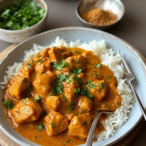 chicken tikka masala recipe over a bed of white rice