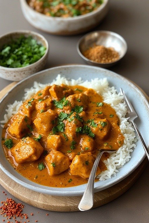 chicken tikka masala recipe over a bed of white rice